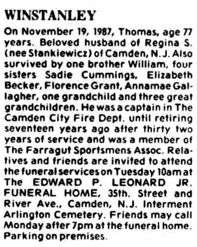 Thomas Winstanley obituary, Camden Courier-Post, November 22, 1987