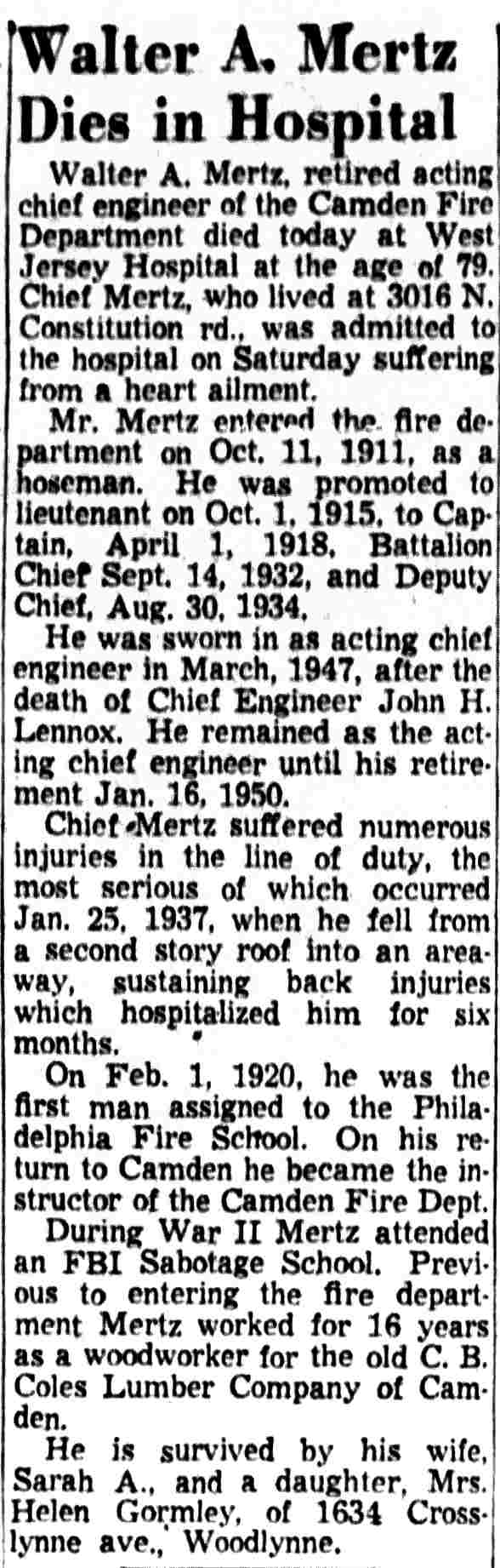 Camden Courier-Post, August 14, 1956 — Walter A. Mertz Dies in Hospital