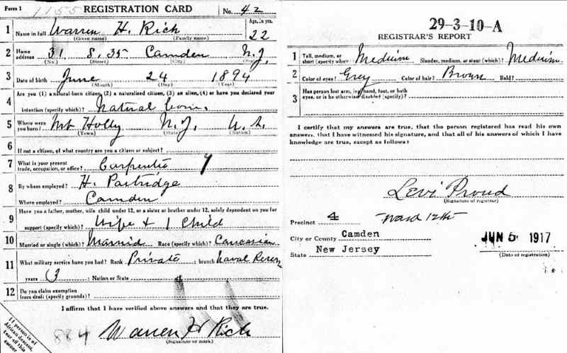 World War I draft registration card for Warren Howard Rich