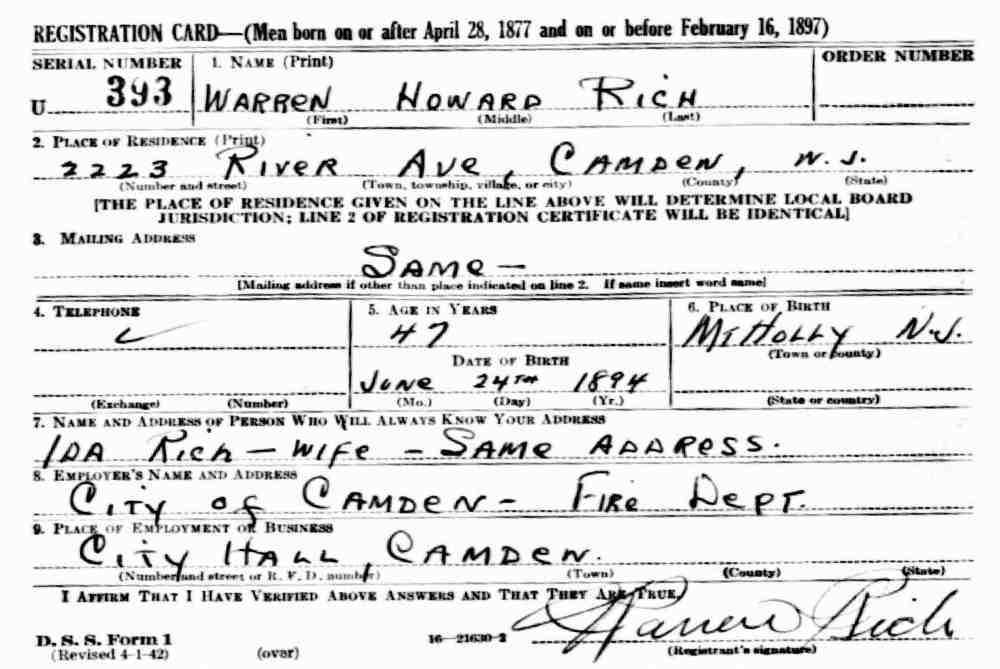 World War II draft registration card for Warren Howard Rich