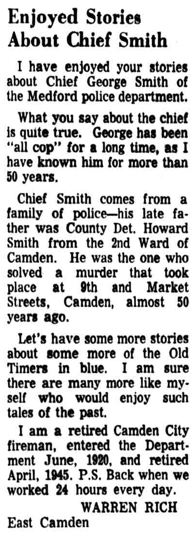 Camden Courier-Post, February 18, 1966 — letter to the editor from Warren Rich, retired Camden firefighter