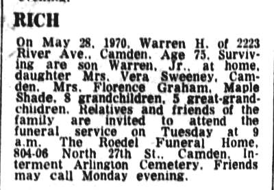 Camden Courier-Post, June 1, 1970 — obituary notice for Warren H. Rich