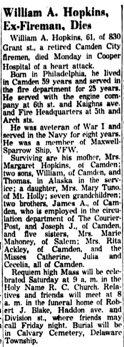 Camden Courier-Post, October 4, 1955 — William A. Hopkins, Ex-Fireman, Dies