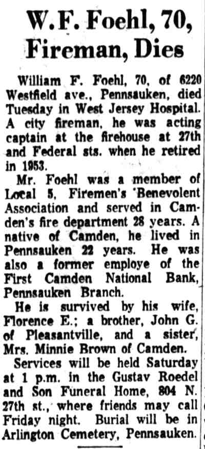 Camden Courier-Post, July 5, 1962 — W.F. Foehl, 70, Fireman, Dies