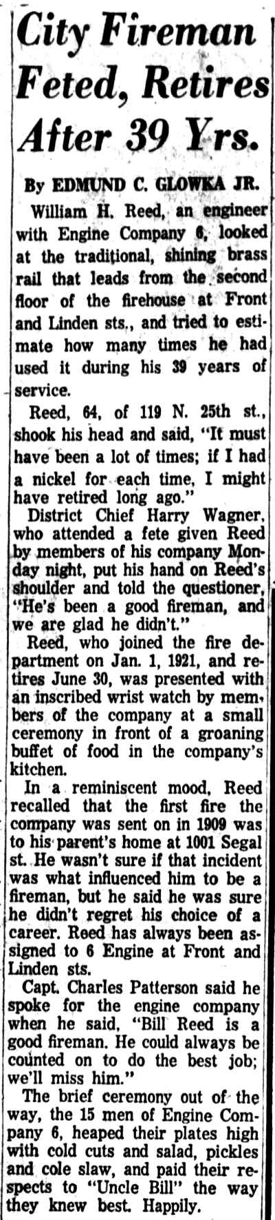 City Fireman Feted, Retires After 39 Yrs. — Camden Courier-Post, May 3, 1960