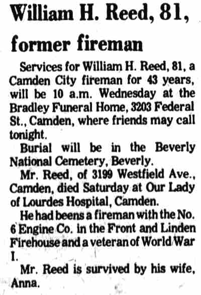 William H. Reed, 81, former fireman — Camden Courier-Post obituary, August 9, 1977