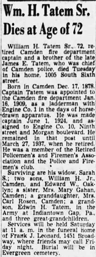 Wm. H. Tatem Sr. Dies at Age of 72, Camden Courier-Post June 27 1951