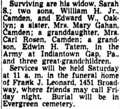 Wm. H. Tatem Sr. obituary continuation
