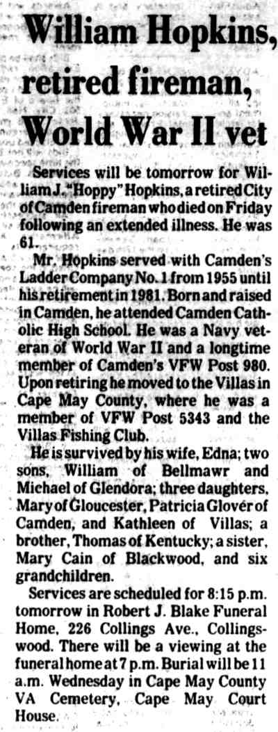 Camden Courier-Post, June 3, 1985 — obituary for William J. Hopkins, retired Camden fireman