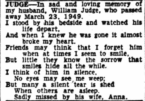 Camden Courier-Post, March 23, 1950 — memorial notice for William Judge from his wife Anna