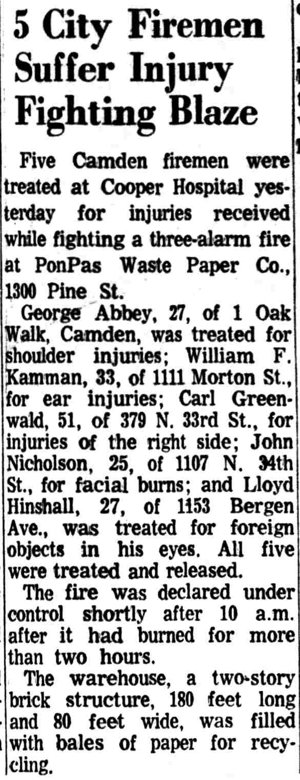 5 City Firemen Suffer Injury Fighting Blaze — Camden Courier-Post, August 11, 1971
