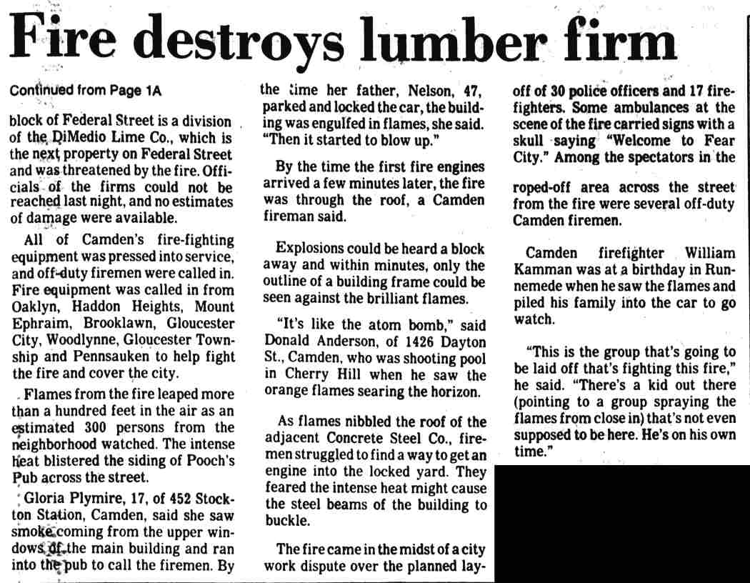 Fire Destroys Lumber Firm — Camden Courier-Post, August 30, 1981 (page 9A)