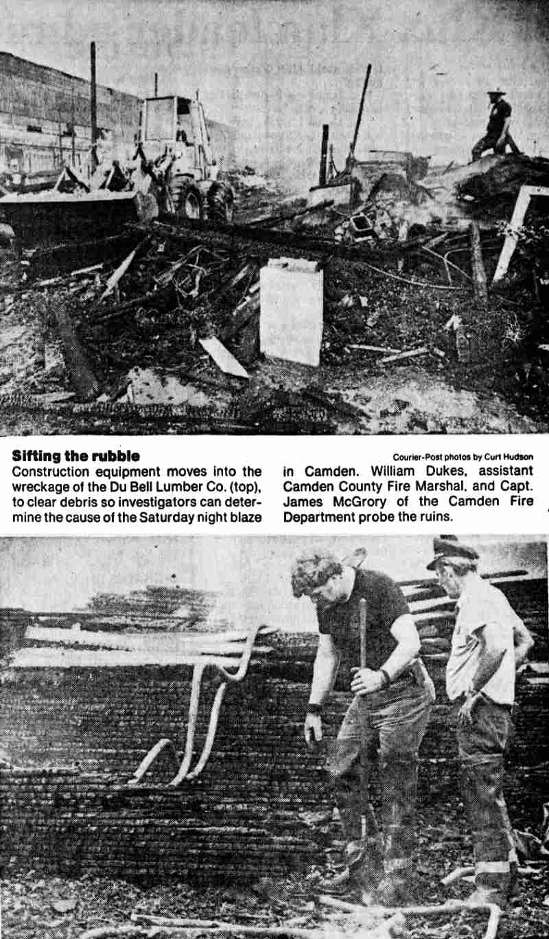 Sifting the rubble at Du Bell Lumber Co. — construction equipment and investigators at the scene, August 31, 1981