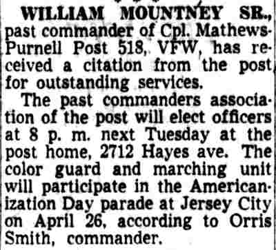 Mathews-Purnell Post 518 VFW and Orris W. Smith, April 1953