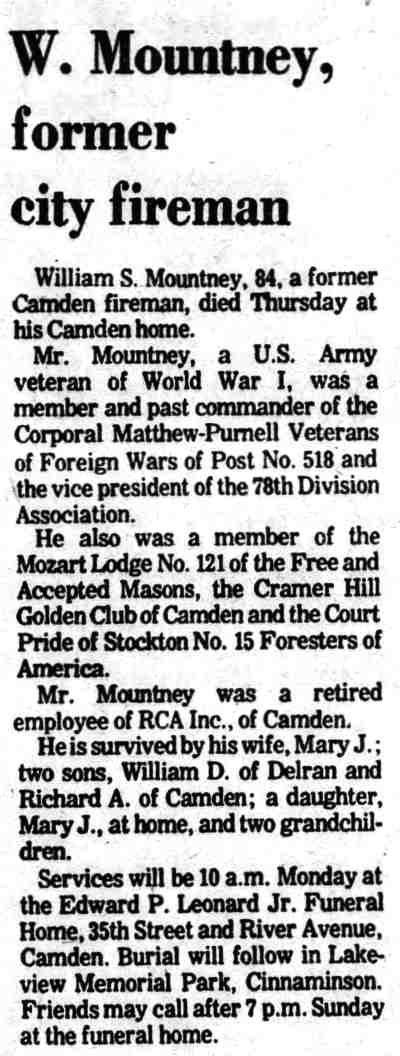 W. Mountney, former city fireman — Camden Courier-Post, April 28, 1978
