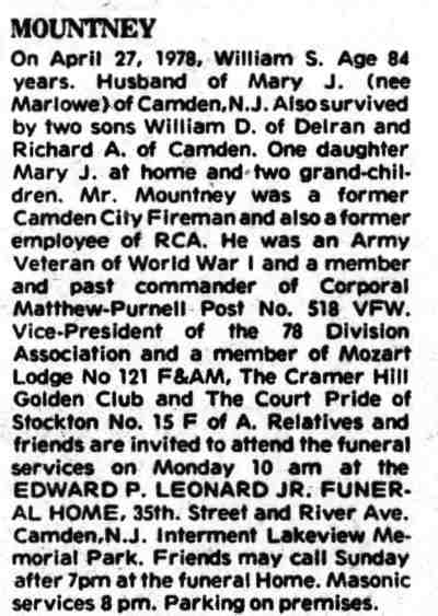 Mountney obituary notice — Camden Courier-Post, April 28, 1978