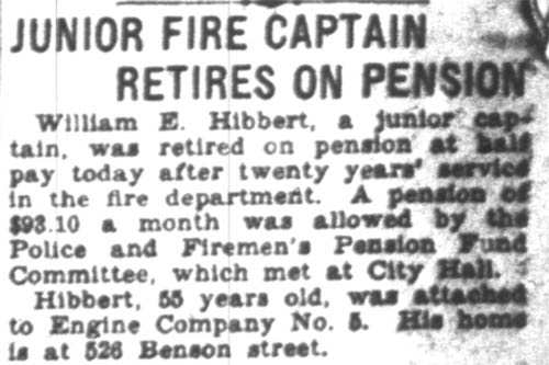 Newspaper clipping about William E. Hibbert retiring on pension