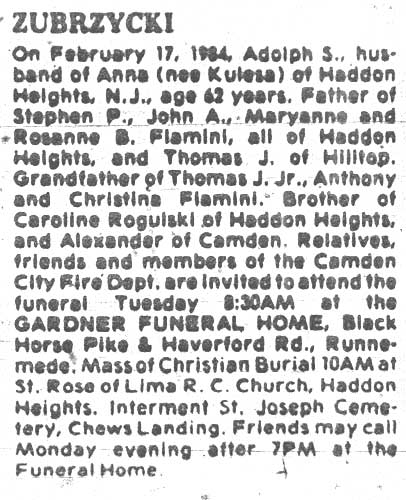 Adolph S. Zubrzycki obituary, Camden Courier-Post, February 20, 1984