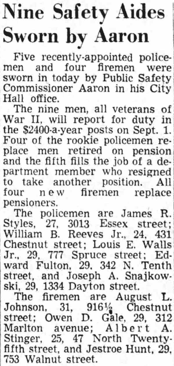 Camden Courier-Post article on firefighter appointments, August 12, 1950