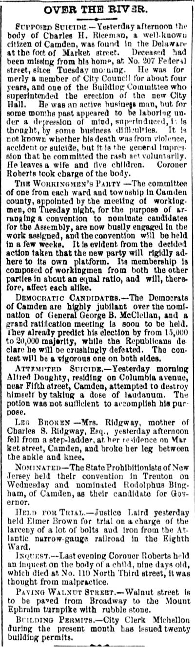Over the River column, Philadelphia Inquirer, September 21, 1877