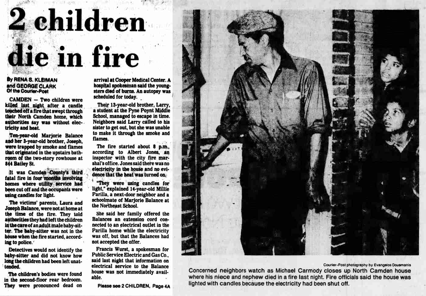 Camden Courier-Post article about two children killed in North Camden house fire, November 2, 1979