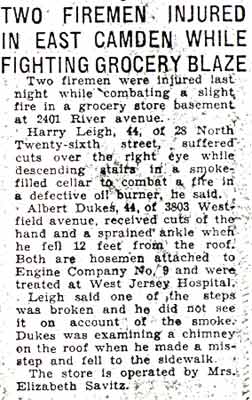 Camden Courier-Post article about firemen rescuing a woman and saving a baby from flames, October 13, 1936
