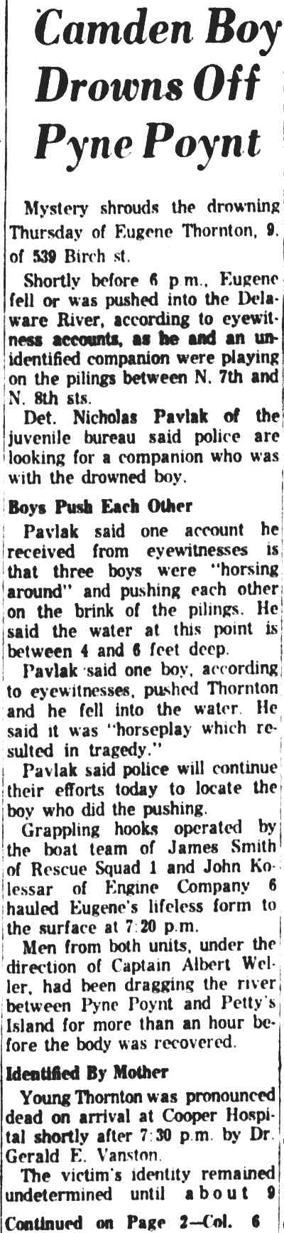 Camden Courier-Post, May 11, 1962 — Camden Boy Drowns Off Pyne Poynt (article)