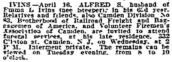 Death Notice of Alfred S. Ivins - Philadelphia Inquirer, April 17, 1905