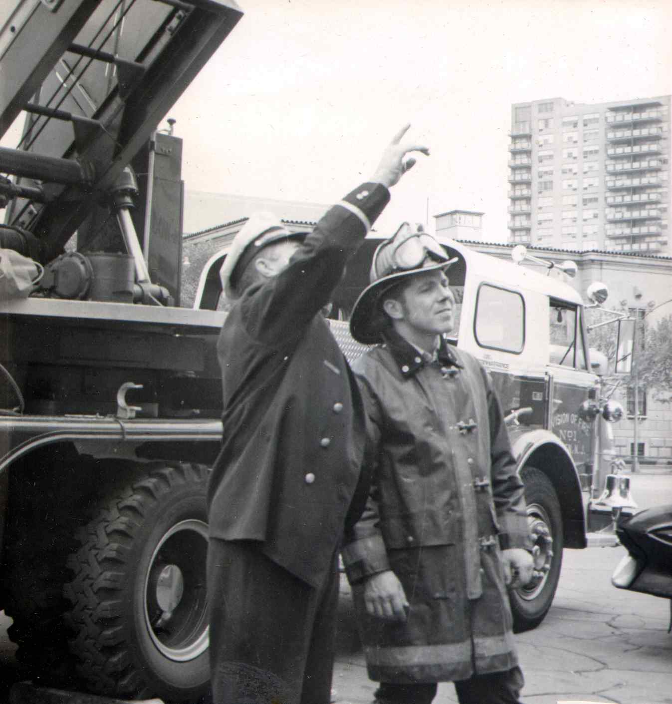Battalion 1 Chief Allen F. Hess Sr. and Captain Richard Brooks of Ladder Company 1 at Steelman Business School, 1968