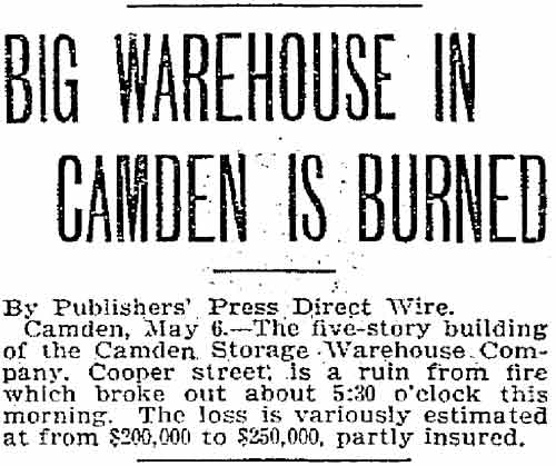 Camden Storage Warehouse fire article May 6, 1904