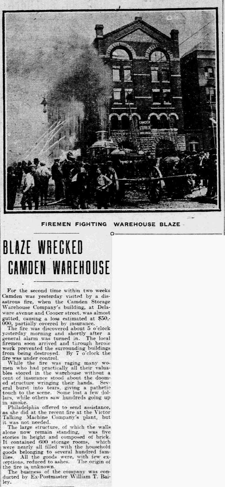 Camden Storage Warehouse fire article May 7, 1904