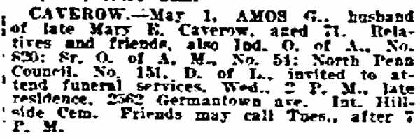 Amos Caverow death notice May 3, 1920