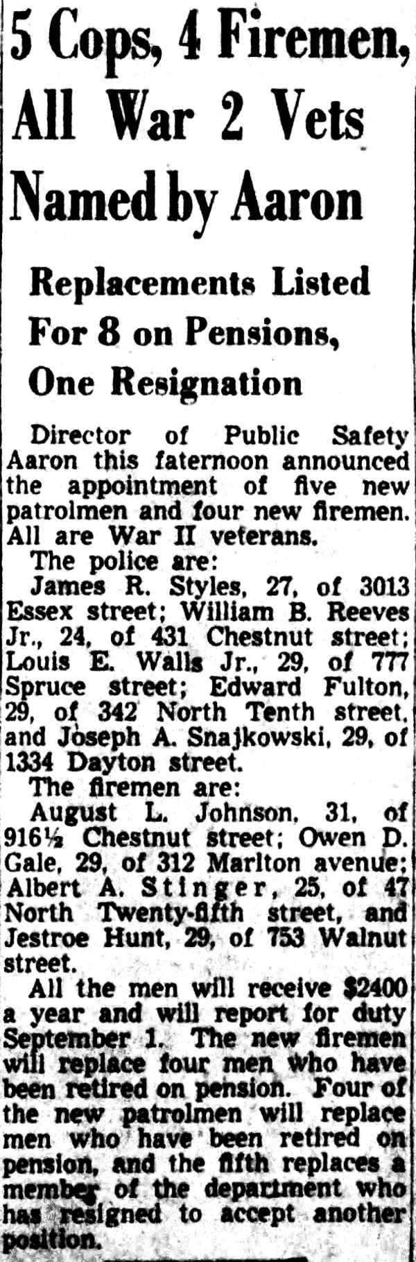 Camden Courier-Post article on firefighter appointments, August 1, 1950