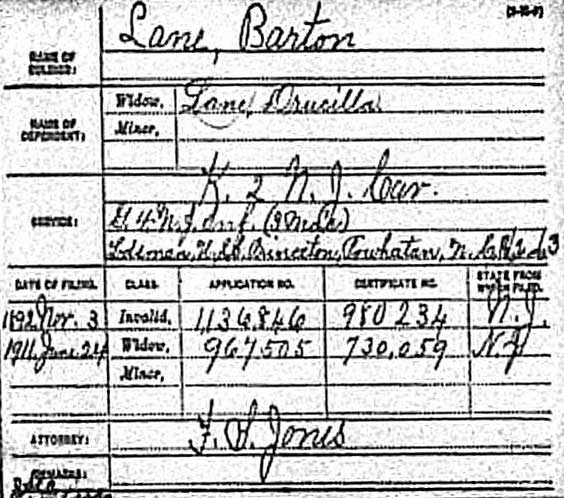 Barton Lane's Civil War pension record
