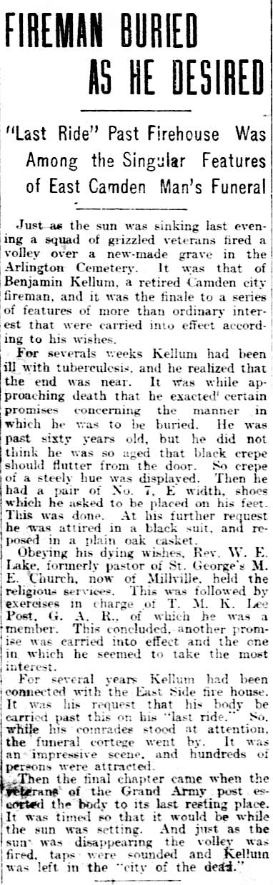Philadelphia Inquirer, April 5, 1909 — Benjamin L. Kellum funeral account