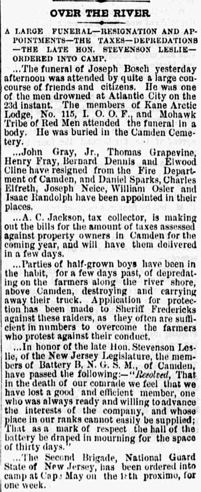 Philadelphia Inquirer, July 26, 1873 — Over the River: resignations and appointments in the Camden Fire Department