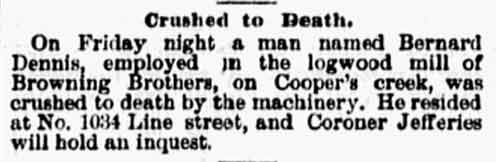 Newspaper article about Bernard Dennis's death in a sawmill accident
