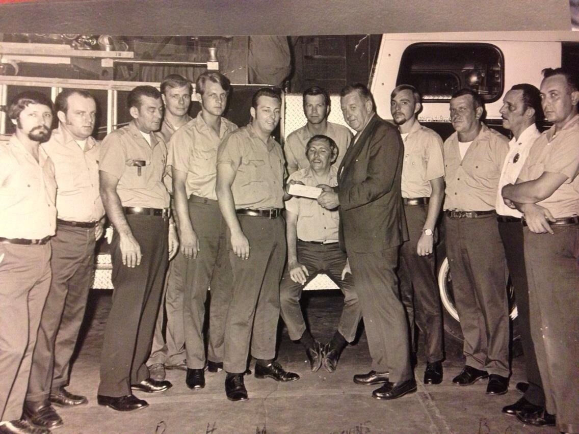 Four Platoon — Ladder 1 and Engine 2 at Fire HQ, early 1970s