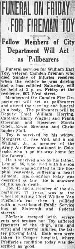 Funeral on Friday for Fireman Toy — Camden Courier-Post, April 25, 1948