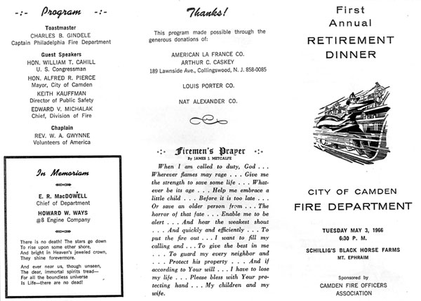 Camden Fire Department First Annual Retirement Dinner program, May 3, 1966