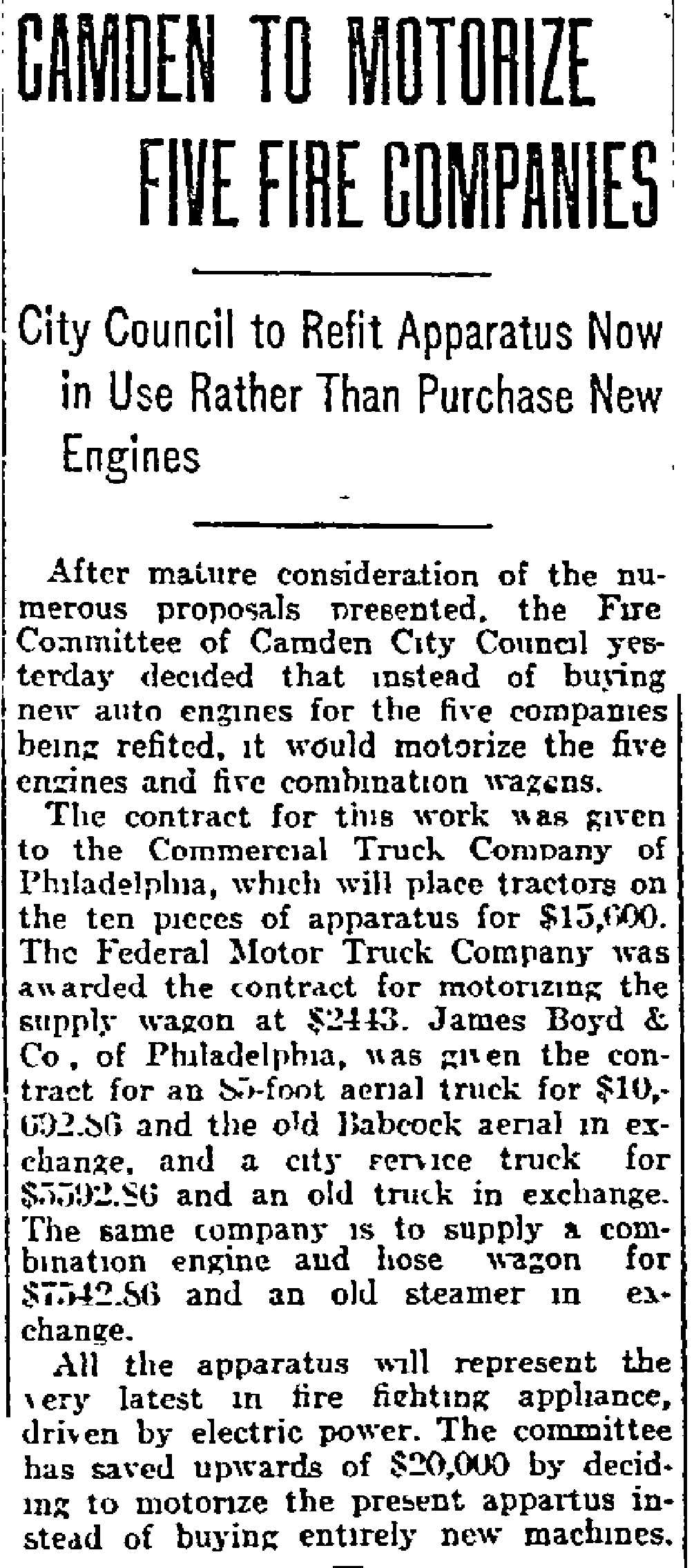Camden to Motorize Five Fire Companies, Philadelphia Inquirer, June 19, 1915