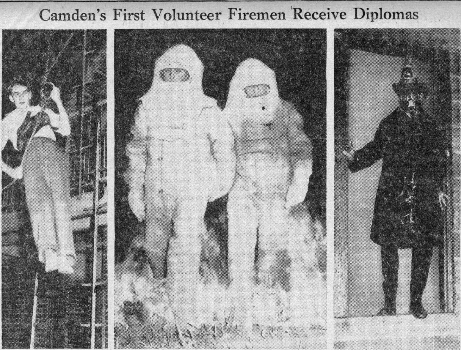 Members of Camden city's first volunteer firemen graduated from the Camden Fire School, Ninth Street and Morgan Boulevard — Camden Courier-Post, July 1, 1941