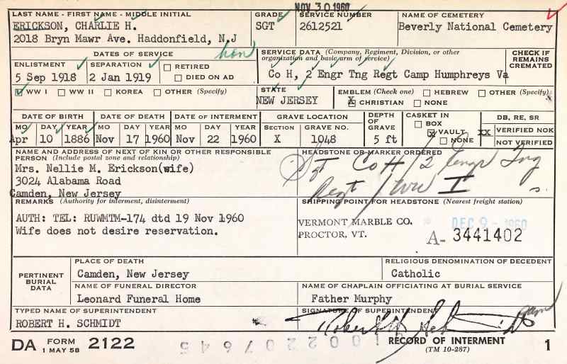 Charles H. Errickson interment record, Beverly National Cemetery