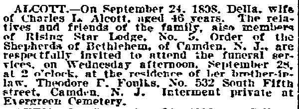 Philadelphia Inquirer, September 27, 1898 — Death notice for Della Alcott, wife of Charles L. Alcott