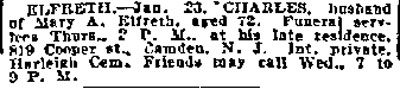 Death notice for Charles Elfreth
