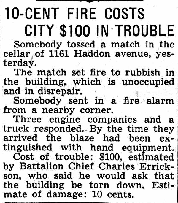 Camden Courier-Post, February 19, 1938 — Battalion Chief Charles Errickson on Haddon Avenue