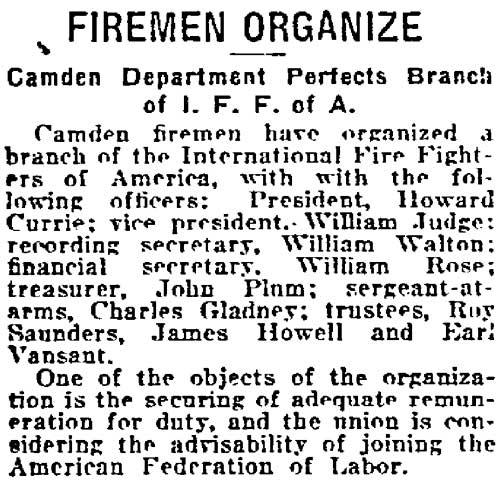 Philadelphia Inquirer, August 31, 1919 — Camden Firemen Organize International Fire Fighters of America