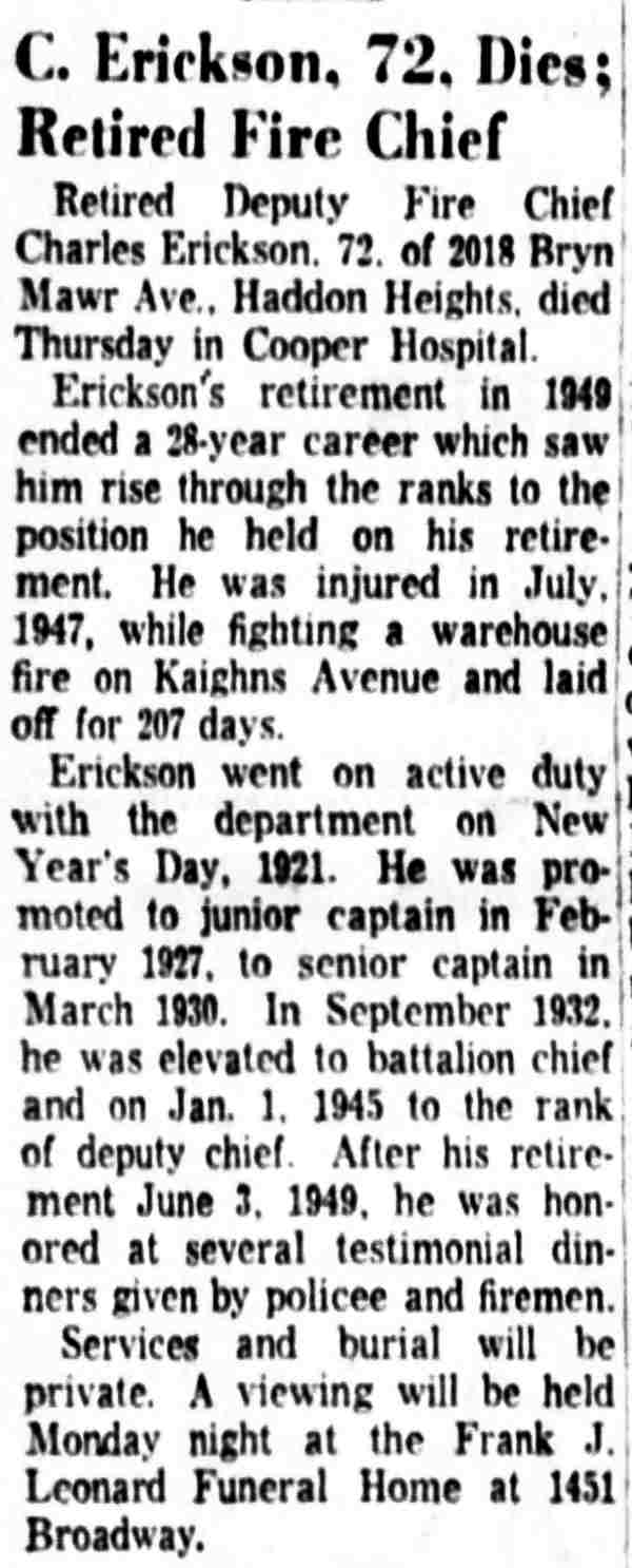 Camden Courier-Post, November 18, 1960 — obituary for Charles H. Errickson