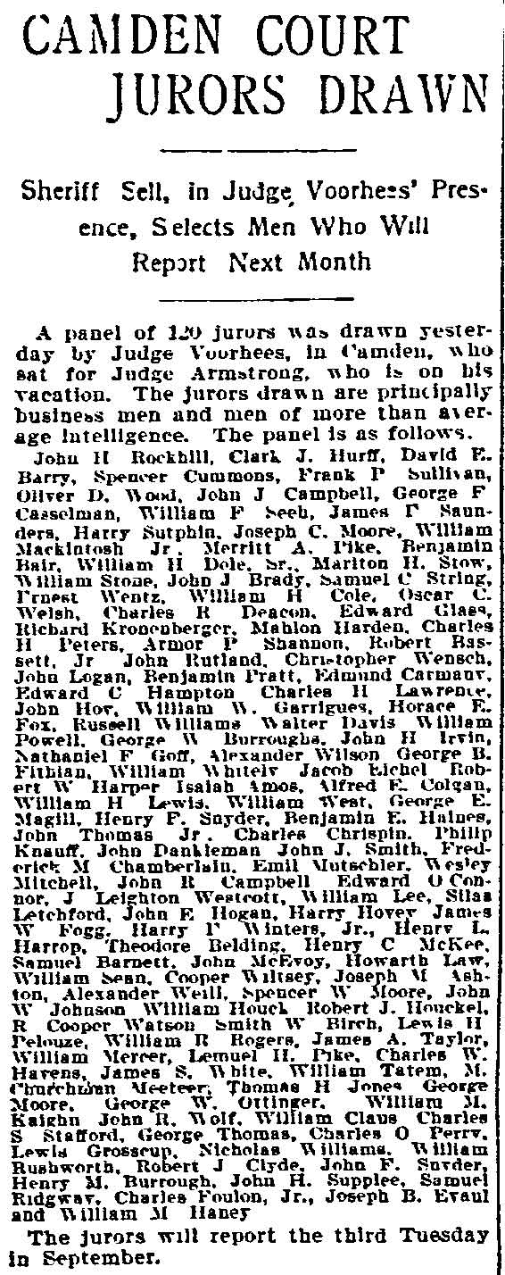 Philadelphia Inquirer, August 14, 1901 — Camden Court Jurors Drawn: panel of 120 jurors drawn by Judge Voorhees includes Charles H. Peters and Theodore Westcott