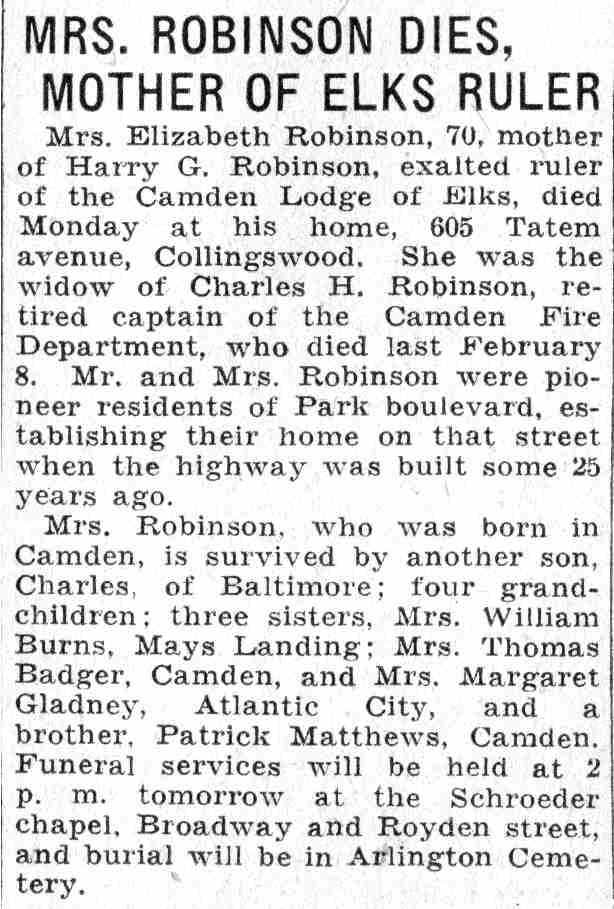 Charles H. Robinson Sr., 1257 Park Boulevard, Camden Courier-Post, June 8, 1932